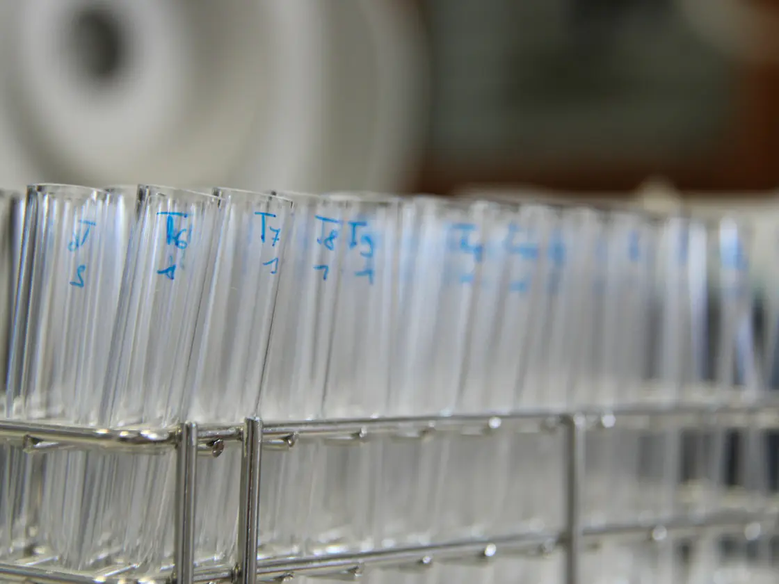 Rows of clean glass test tubes standing in a metal laboratory rack